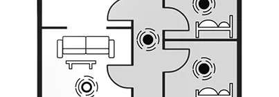 Grundriss einer Wohnung mit optimaler Platzierung von Rauchmeldern